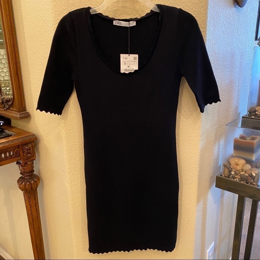 NWT~ZARA Black Scallop Knit Dress Size Small